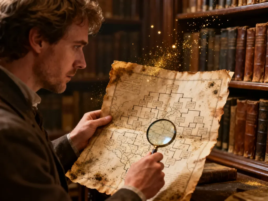 Mężczyzna z lupą analizuje starą mapę genealogiczną w bibliotece, co symbolizuje proces odkrywania historii nazwiska.