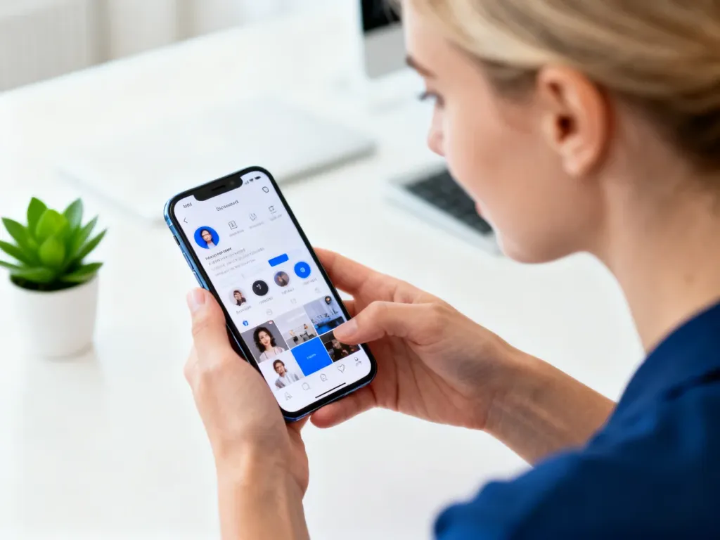 Kobieta trzymająca smartfon z otwartą aplikacją społecznościową w nowoczesnym, minimalistycznym biurze.